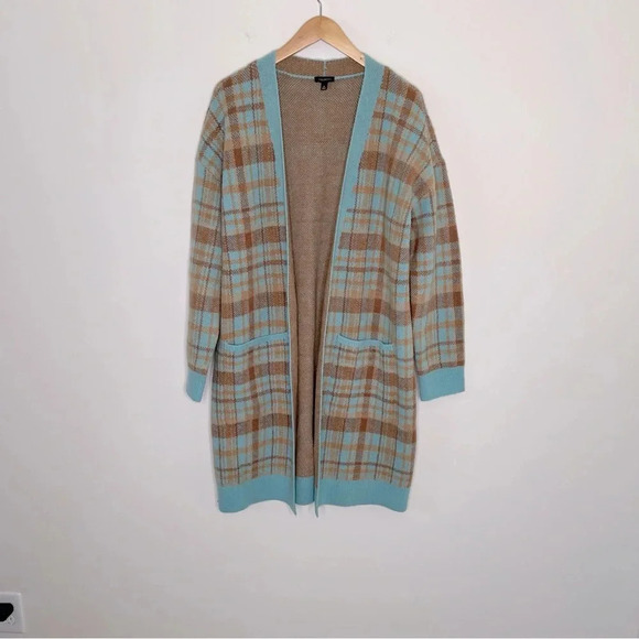 TALBOTS BIRD'S EYE PLAID OPEN FRONT CARDIGAN IN CANDIED BLUE/CAFE WOOL BLEND - Picture 3 of 8